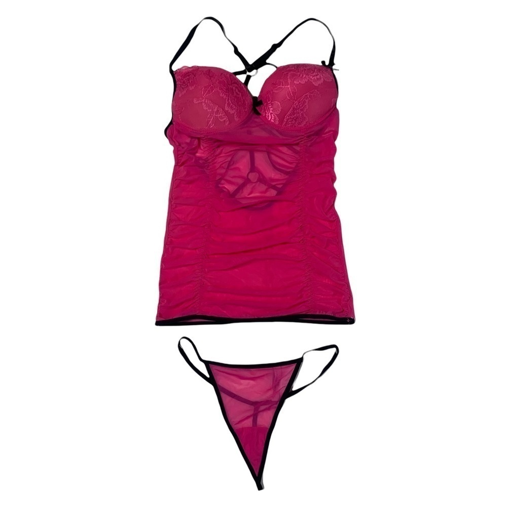 Ooh La La Cheri Paris New Without Tags Strappy Back Lace Ruched Nighty Thong Set